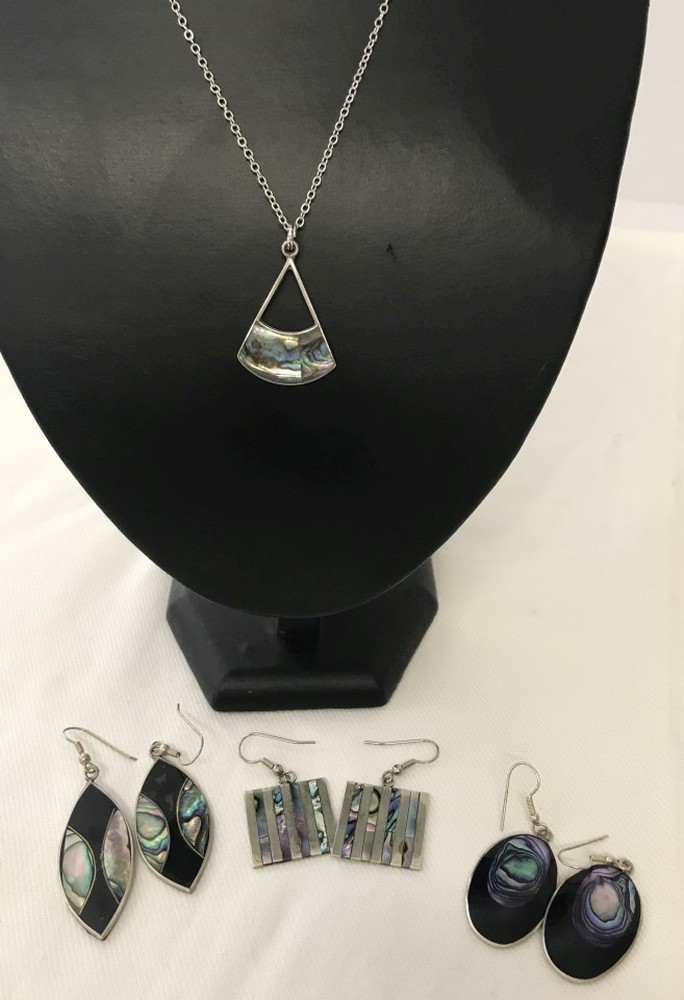 3 pairs of large silver drop earrings set with abalone/paua shell.