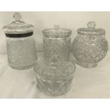 4 clear cut glass lidded jars, comprising 3 by Edinburgh crystal and a silver rimmed jar.