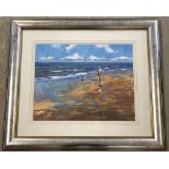Michael J. Sanders watercolour of a beach scene with woman walking her dog, signed to lower right.