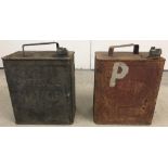 2 vintage 2 gallon petrol cans. A Shell can together with an Esso can.