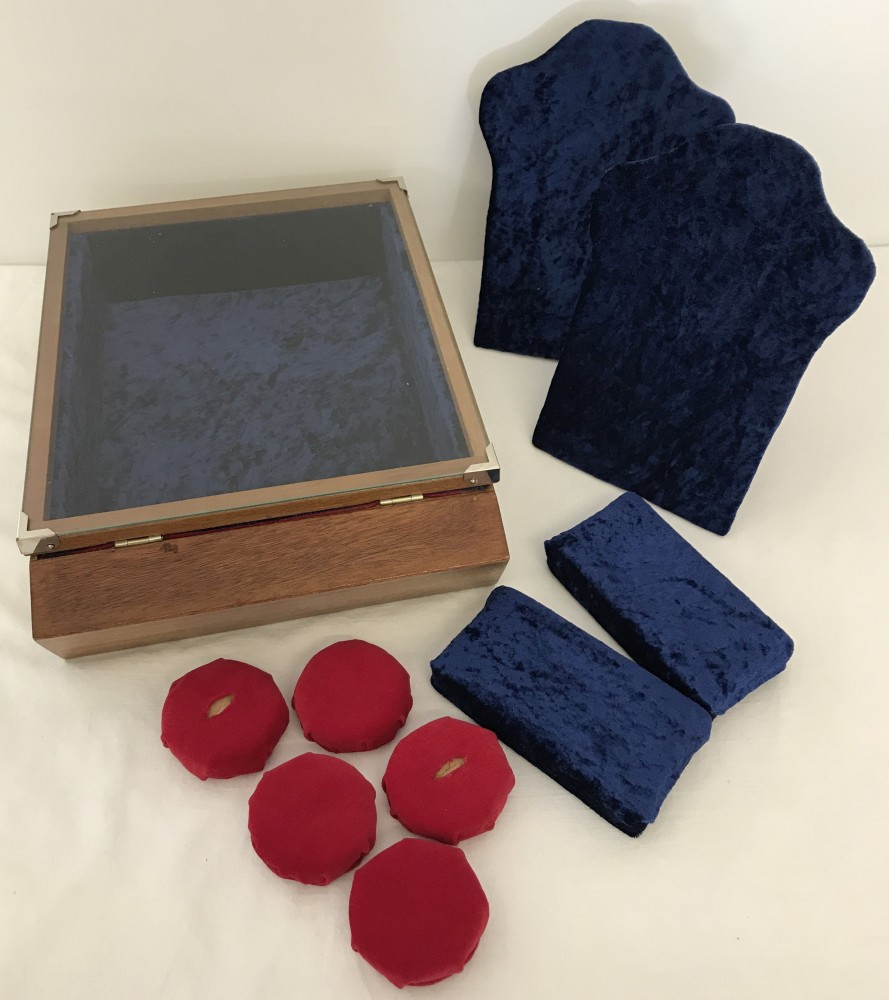 A dealers jewellery glass top wooden display case.