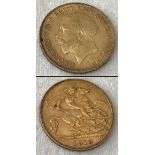 A 1913 George V gold half sovereign.