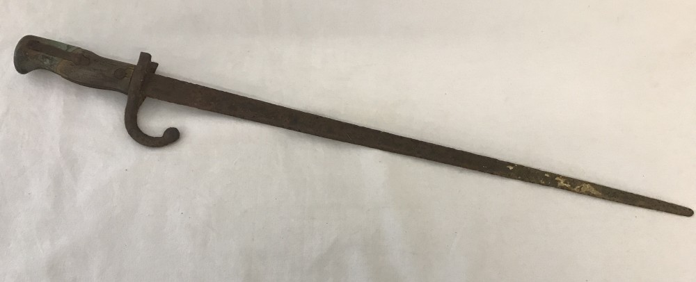WWI French Gras Bayonet with hooked quillion and wooden handle.