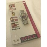 A blister packed Spice Girls wrist watch with facsimile band signatures to rear of packaging.