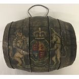 Napoleonic period replica French gunpowder barrel with hand painted British George III coat of arms.