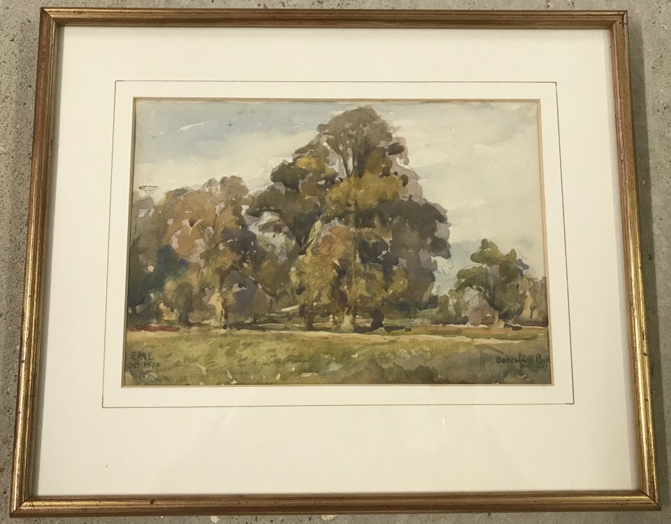 Watercolour sketch of trees at Danesbury Park. Signed EML and dated Oct 1930.