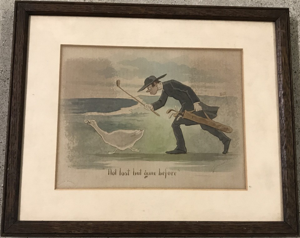 Watercolour painted print golfing cartoon - 'Not Lost but Gone Before'.