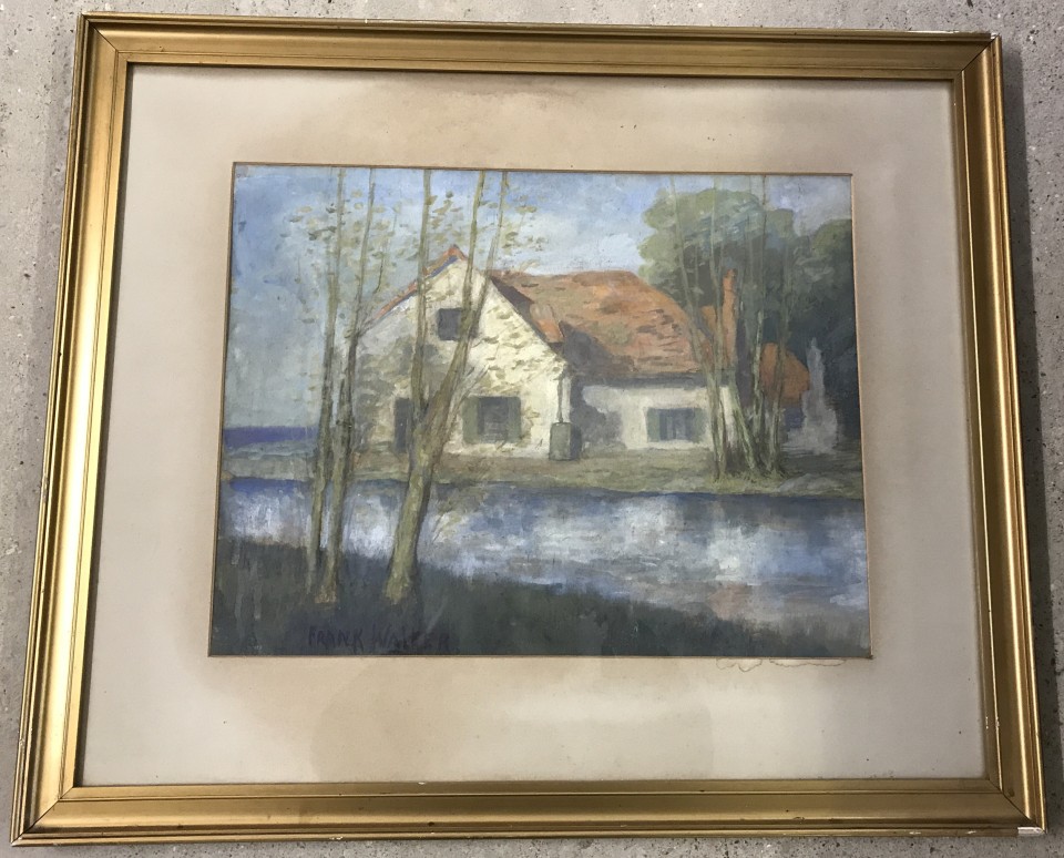 Frank Walker - watercolour of a house across a river.