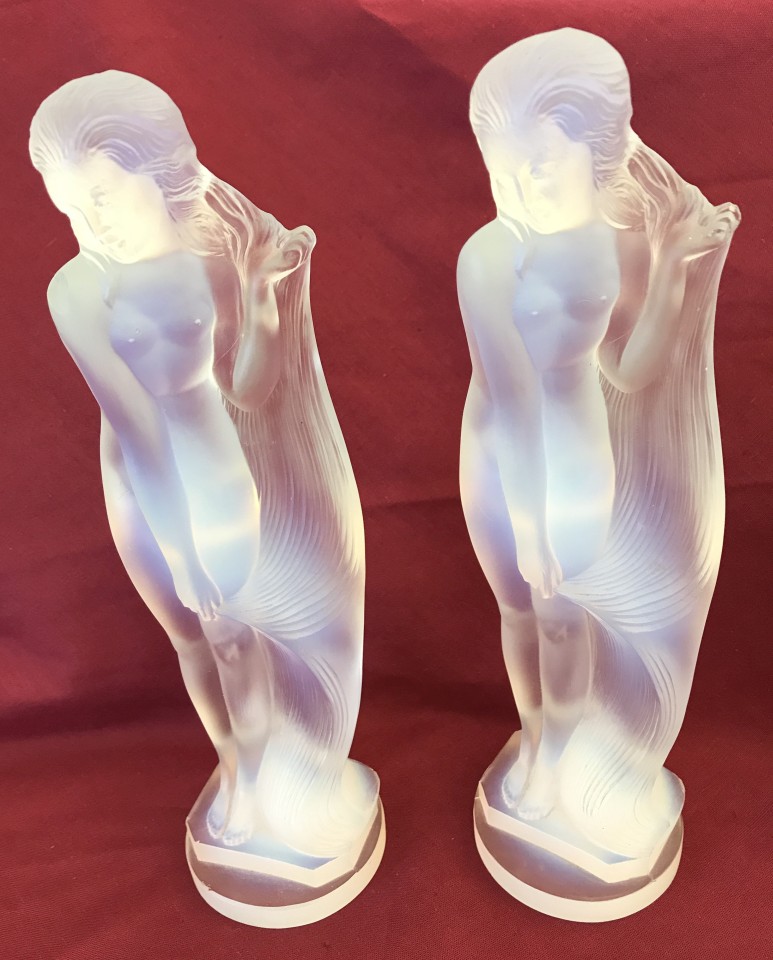 2 French Etling Glass opalescent figures of draped naked females.