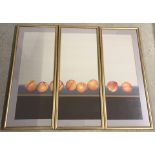 Marin Perich acrylic on silk triptych of peaches on a shelf.