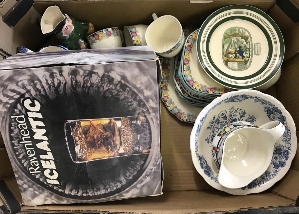 A box of vintage ceramics to include a 6 setting tea set and an Adams "The Pickwick Papers" plate.