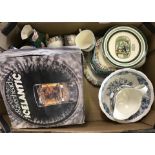 A box of vintage ceramics to include a 6 setting tea set and an Adams "The Pickwick Papers" plate.