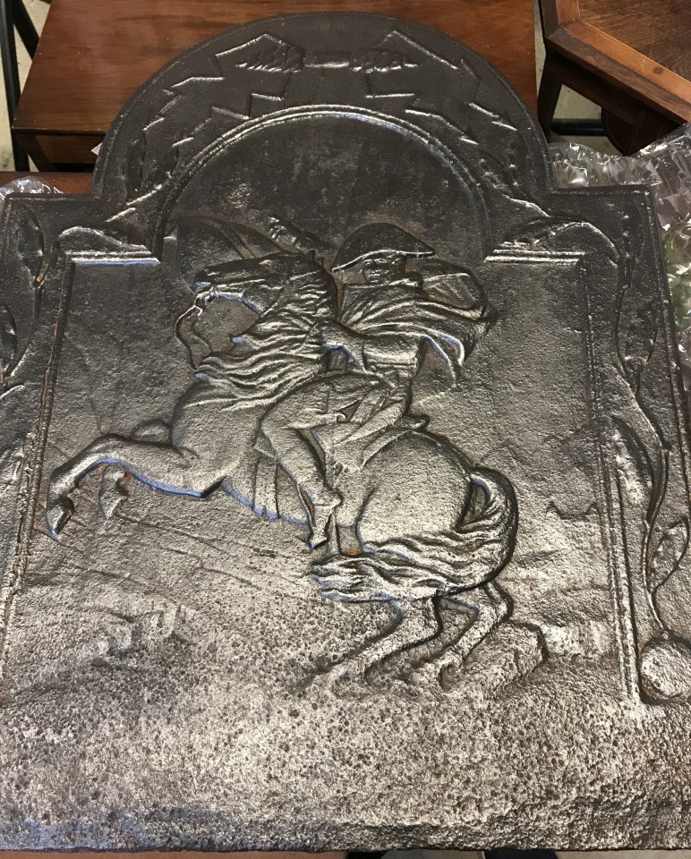 A French cast iron fireback depicting Napoleon crossing the Alps.