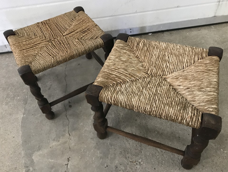 2 vintage dark wood string top stools with barley twist legs.