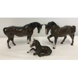 3 Beswick brown gloss ceramic horse figurines.