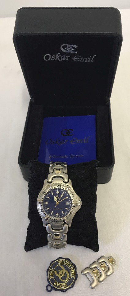 A boxed Oskar Emil wrist watch with stainless steel link strap.