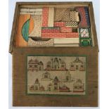 A vintage wooden house brick building set in wooden box.