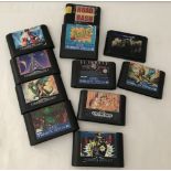 10 vintage Sega Mega Drive games cartridges together with a Sega Genesis game cartridge.