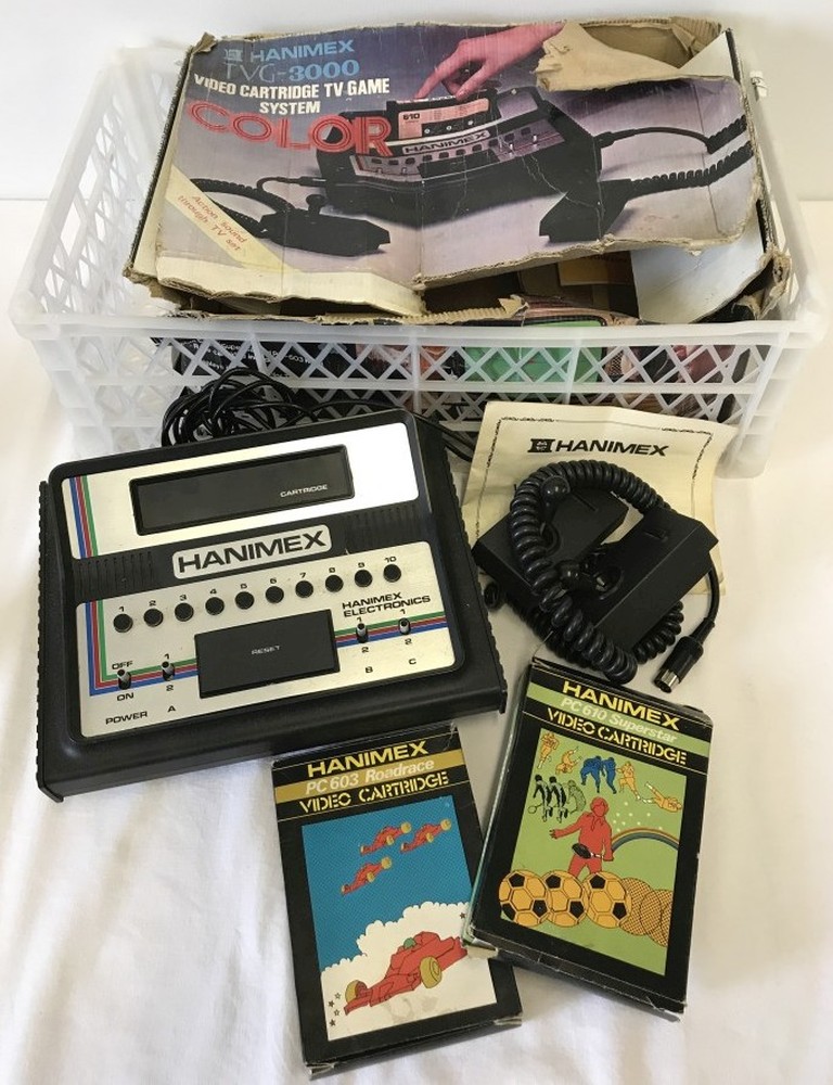 A c1970-80's Hanimex TVG-3000 Video Cartridge TV Game System with 2 games.