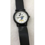 Mickey Mouse wristwatch with black leather strap.