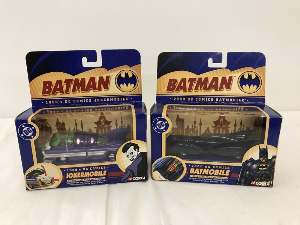 A boxed Corgi DC comics Jokermobile together with a boxed Corgi DC comics Batmobile.