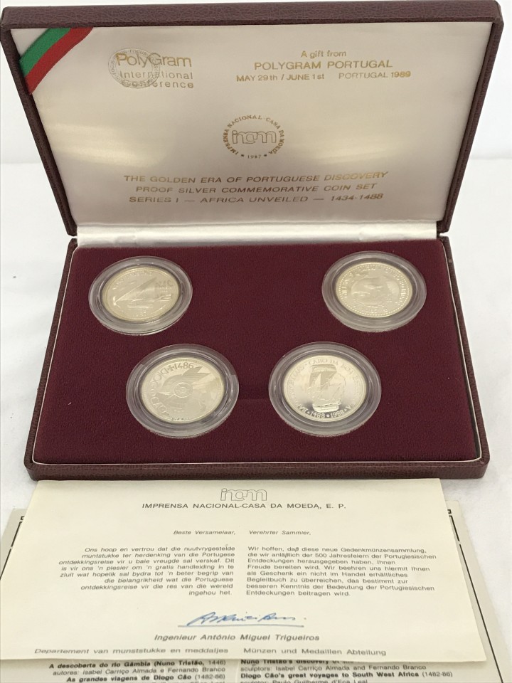 Boxed 4 coin silver proof Portuguese commemorative coin set.