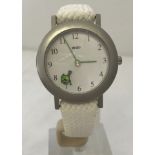 A 2000 Mars Inc. M & M's watch on white fabric woven strap.