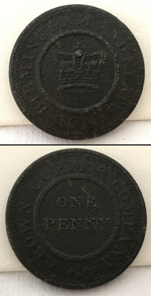 An 1811 copper trade token. Marked 'The Birmingham Crown Copper Company'.