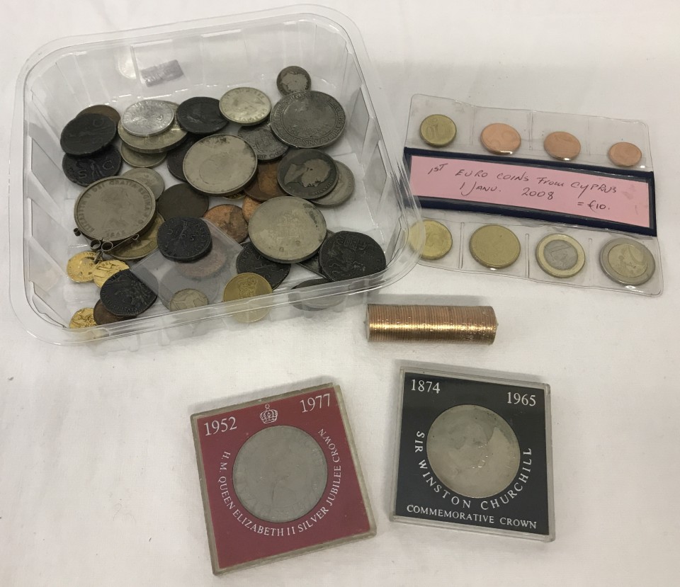 A tin of assorted coins to include commemorative crowns and set of 1st Euro coins from Cyprus, 2008.