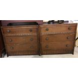 2 matching vintage 3 drawer cabinets with bow fronted top drawers with carved panel detail.