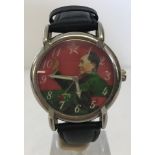 Vintage Chairman Mao chrome cased wavy watch on black leather strap.