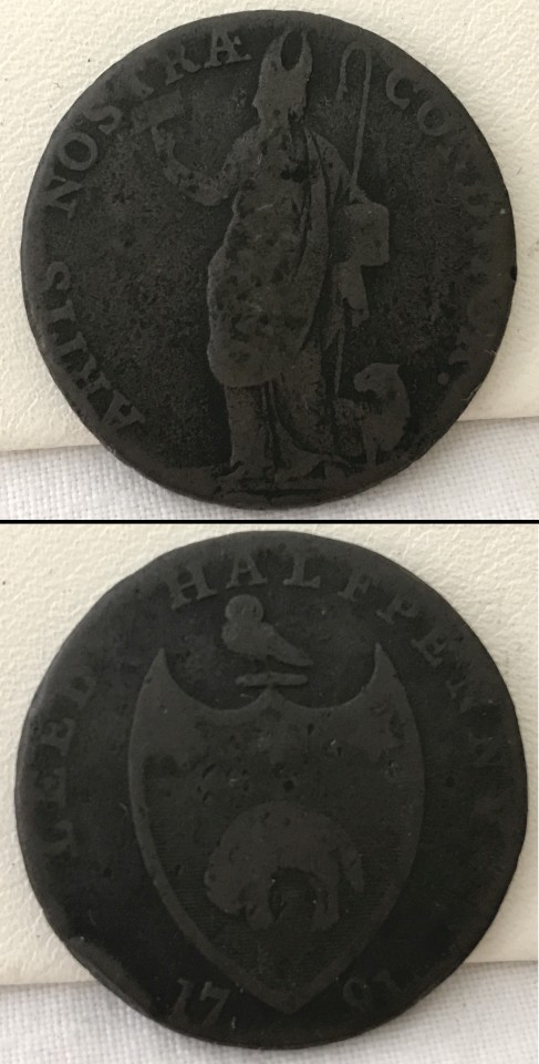 A 1791 Leeds half penny copper token.
