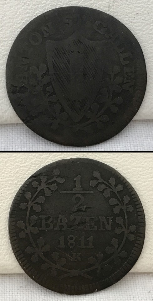 Swiss half Batzen coin. Dated 1811.
