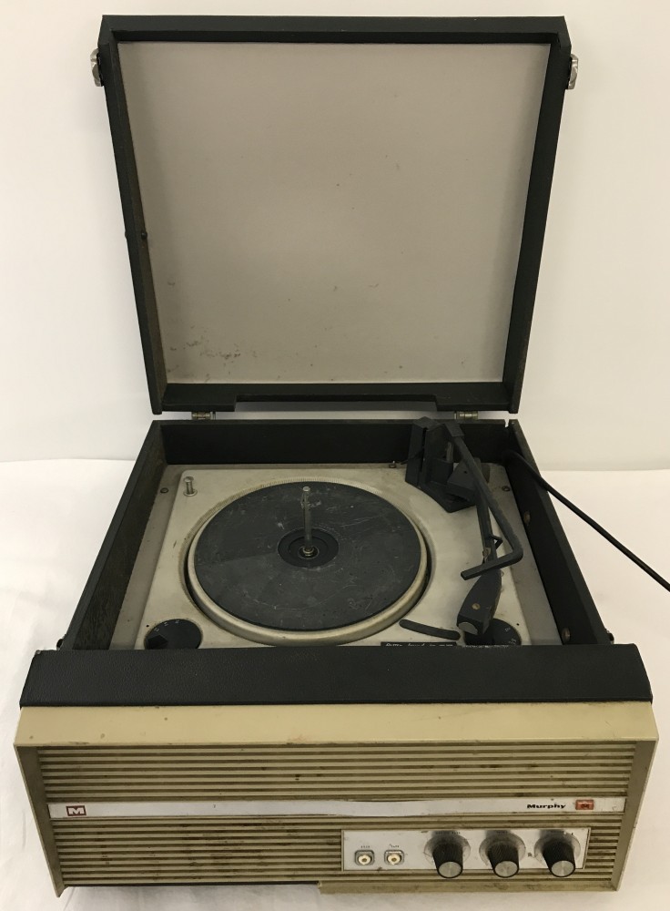 A vintage Murphy B.S.R. record player with side carry handle.