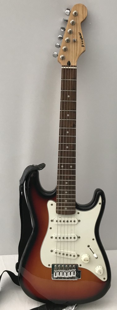 A Westfield Junior electric guitar with strap and soft case.