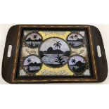 A vintage wooden framed souvenir tray from Rio de Janeiro, Brazil set with butterfly wings.