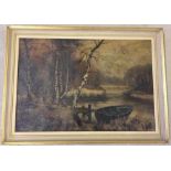 A 19th century framed oil on canvas depicting a river scene with poacher in foreground.