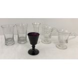 6 antique glasses. To include an amethyst glass rummer and a pair of clear glass custard cups.