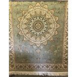 A brand new Keshan Rug with pale green background and beige, brown and navy pattern.