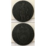 A 1791 Leeds half penny copper token.