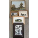 A collection of 5 framed pictures.