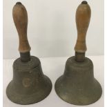 2 brass hand bells marked Fiddian.