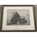 A framed and glazed pencil and watercolour of a watermill and fisherman in monochrome colours.