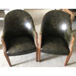 A pair of vintage olive green studded leather bucket style study chairs.