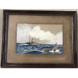 Framed and glazed vintage watercolour of a steam yacht and a fishing boat.