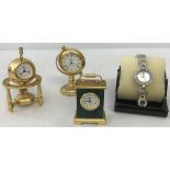 3 gold tone quartz miniature novelty shaped desk clocks.