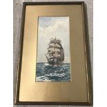 Framed & glazed watercolour of a 19th Century Sailing boat, entitled "A Windjammer".