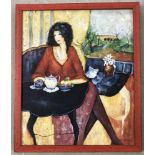 A wooden framed oil on canvas (mounted on board) of a woman having tea.