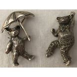 2 x 925 silver stone set teddy bear brooches.