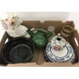 A box of assorted ceramics to include Booth's "Dragon" pattern plates, Staffordshire fireside dog,